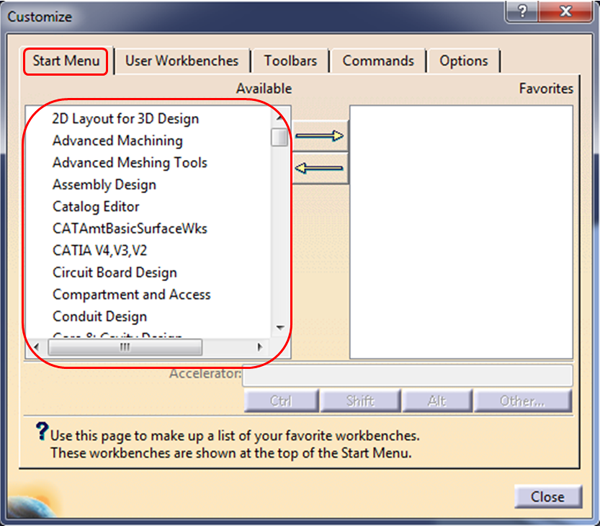 Customising CATIA V5 - Setting Favourite Workbenches